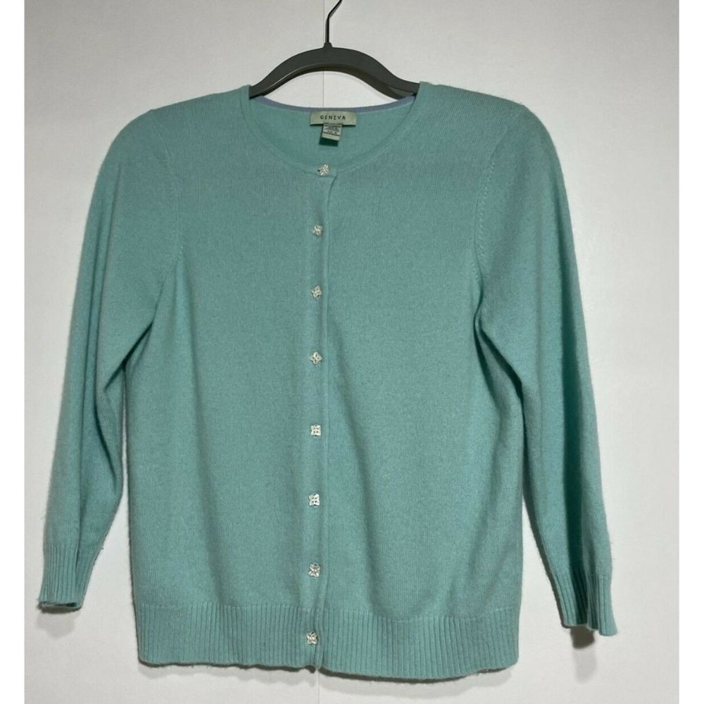 Geneva Womens Green Button Front Sweater 100% Cashmere 3/4 Sleeves